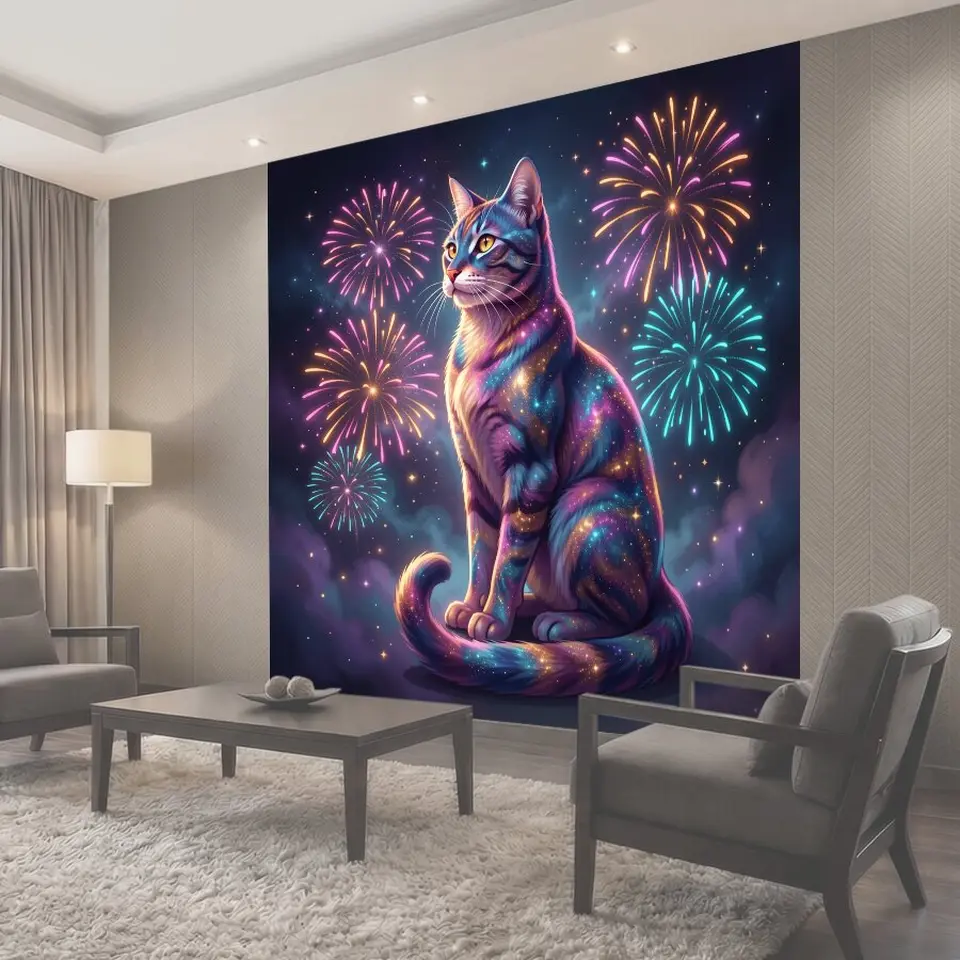 Фотообои Космический кот среди фейерверков