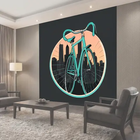 Фотообои Бирюзовый велосипед на фоне мегаполиса