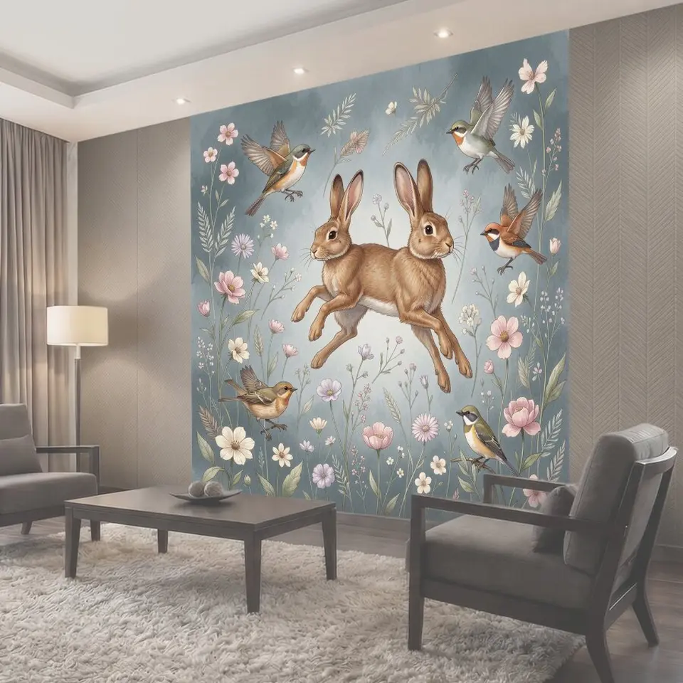 Фотообои Зайцы и птицы среди цветов