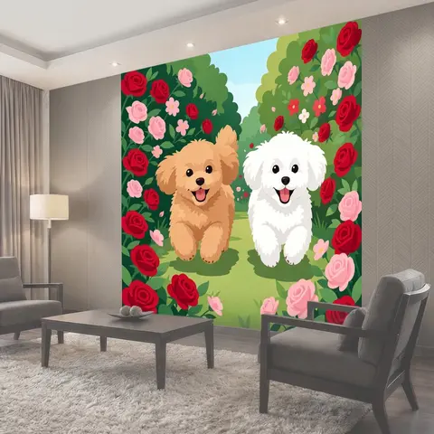 Фотообои Два пушистых щенка в саду