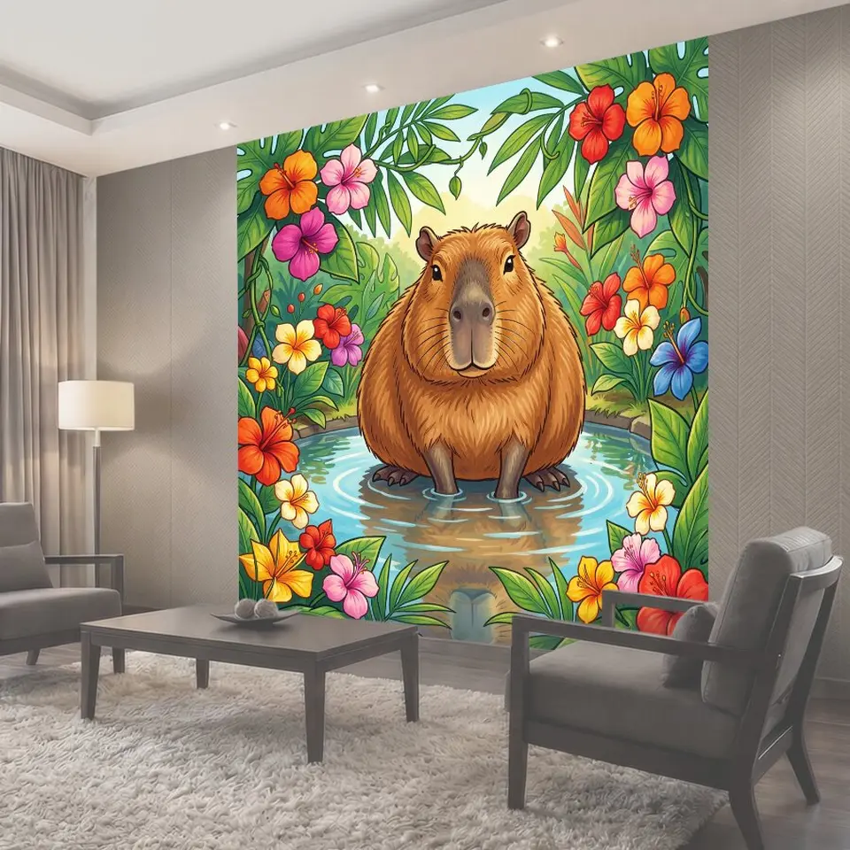 Фотообои Капибара в окружении тропических цветов
