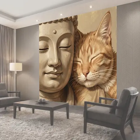 Фотообои Будда и спящий кот. Спокойная восточная композиция с каменным ликом и дремлющим рыжим питомцем рядом. Нежные…