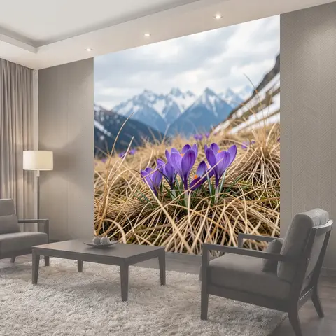 Фотообои Фиолетовые крокусы в горах