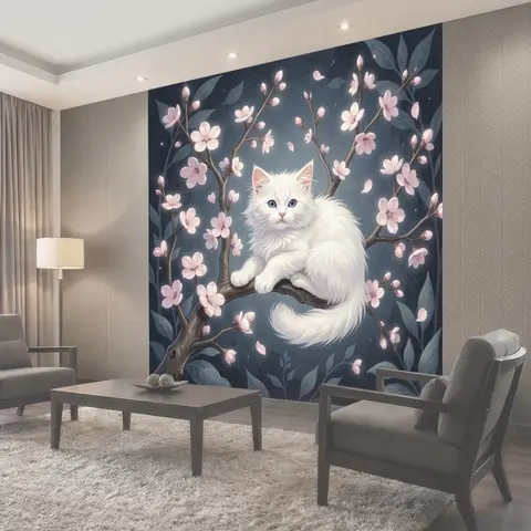 Фотообои Белый котёнок на цветущей ветке