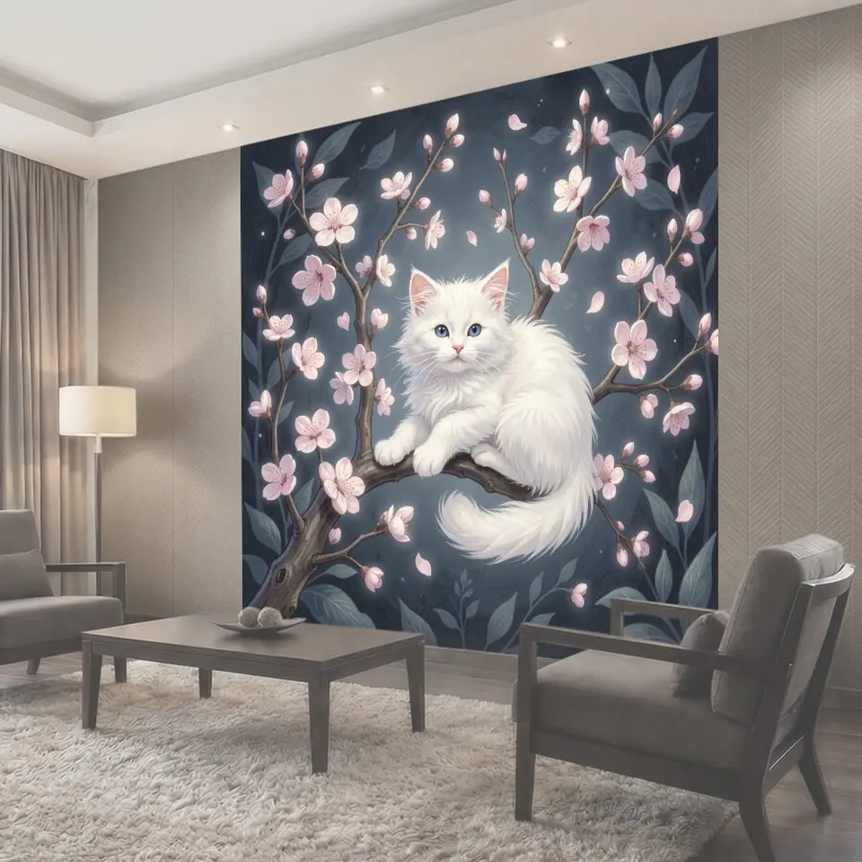 Фотообои Белый котёнок на цветущей ветке