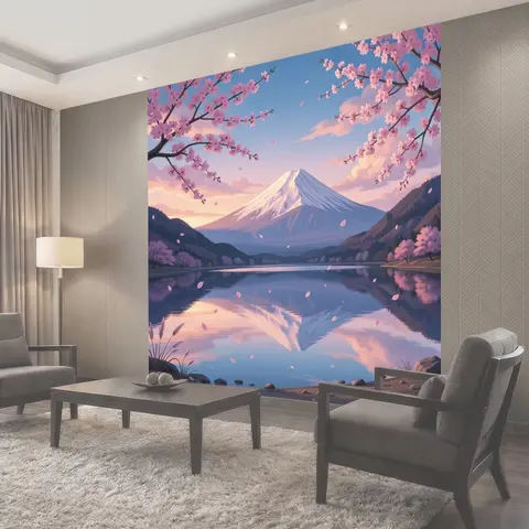 Фотообои Цветущая сакура у горного озера