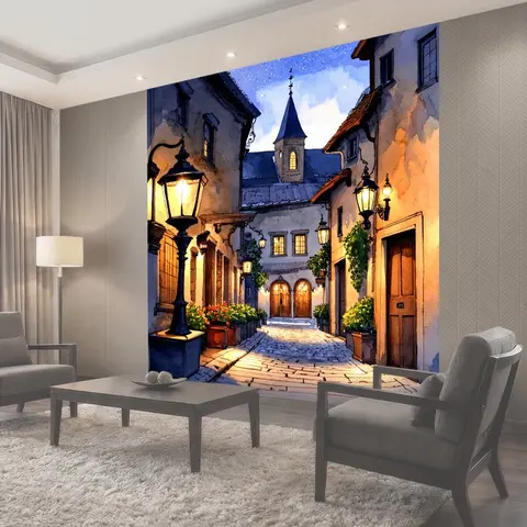 Фотообои Уютные улочки старинного европейского городка, освещенные мягким светом фонарей