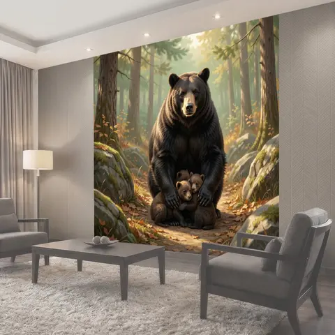 Фотообои Медведица с медвежатами в лесу