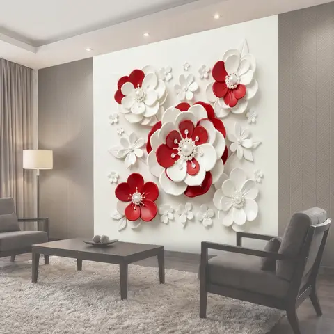 Фотообои 3D цветы с жемчугом и бутонами