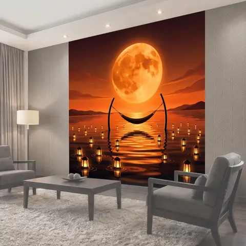 Фотообои Луна над морем и фонарями