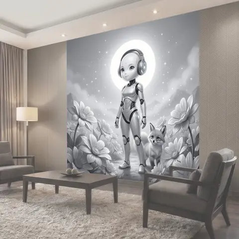 Фотообои Киборг с лисенком среди ромашек
