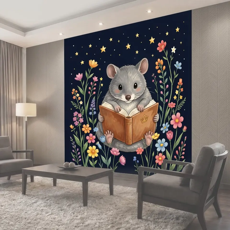 Фотообои Мышонок с книгой среди цветов