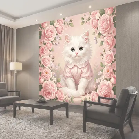 Фотообои Белый котенок среди роз
