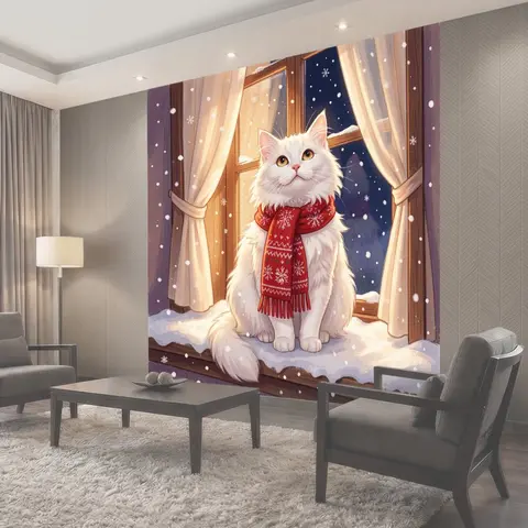 Фотообои Белый кот у зимнего окна