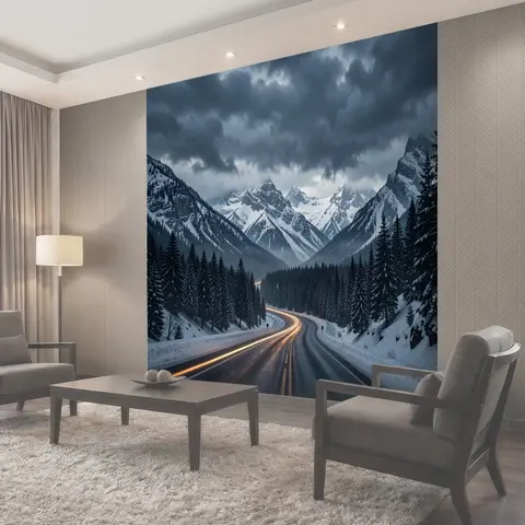 Фотообои Заснеженная дорога среди хвойных гор