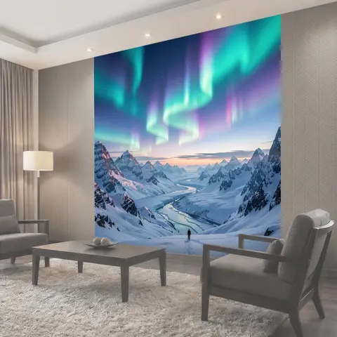 Фотообои Северное сияние над снежными горами