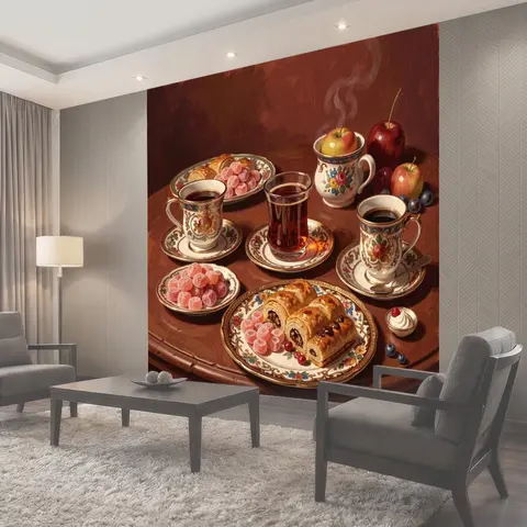 Фотообои Чайная сервировка с фруктами и выпечкой