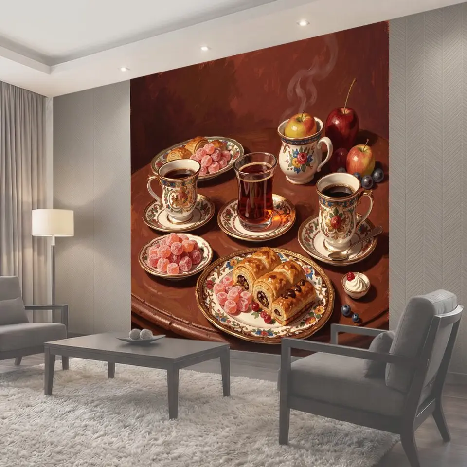 Фотообои Чайная сервировка с фруктами и выпечкой
