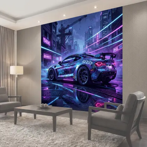 Фотообои Неоновый город и спорткар
