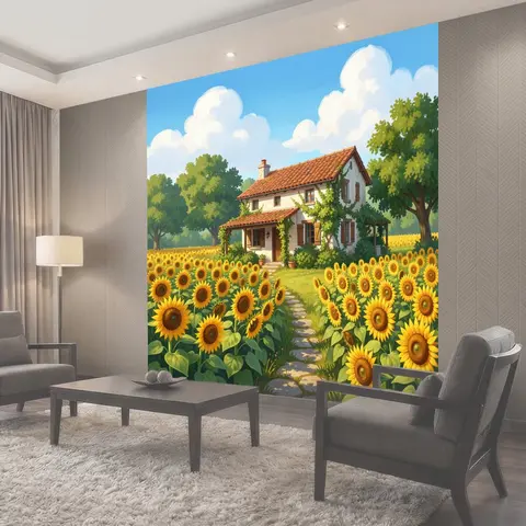 Фотообои Дом среди подсолнухов