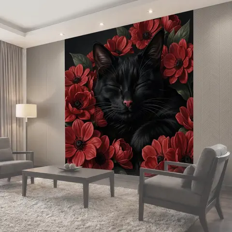 Фотообои Черный кот среди красных цветов