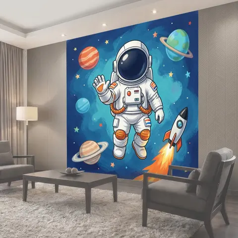 Фотообои Космонавт среди планет и ракеты