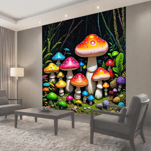 Фотообои Psychedelic грибная поляна: многоцветные мухоморы с яркими шляпками в точках и полосках