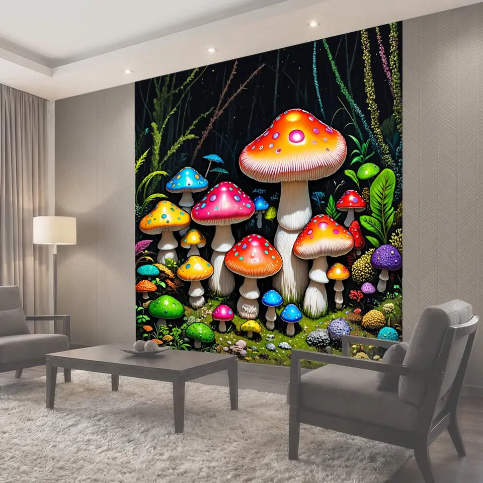 Фотообои Psychedelic грибная поляна: многоцветные мухоморы с яркими шляпками в точках и полосках