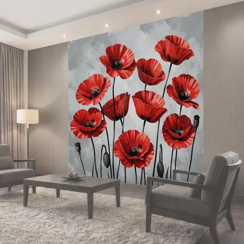 Фотообои Красные маки на сером фоне