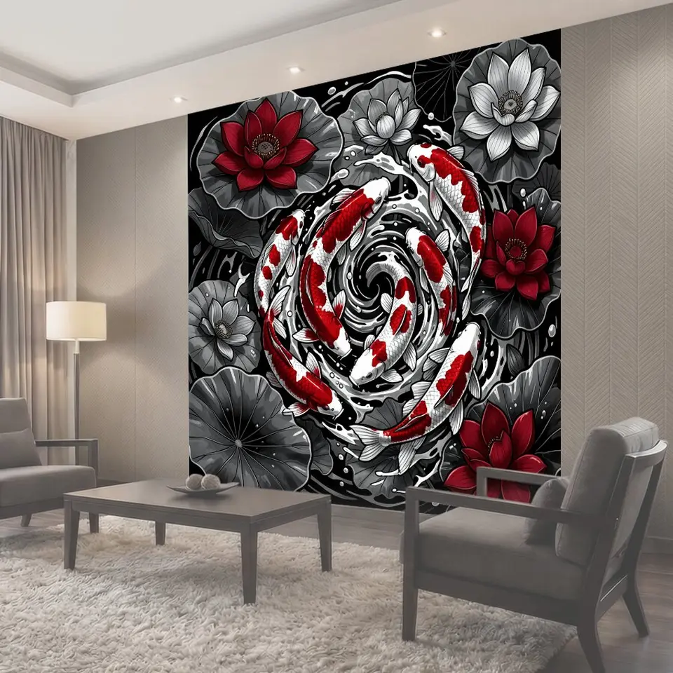 Фотообои Кои и цветы на черном фоне
