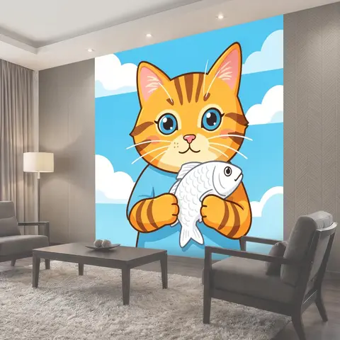 Фотообои Милый рыжий кот с рыбой