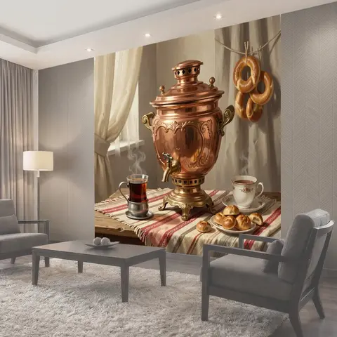 Фотообои Медный самовар и чайная сервировка