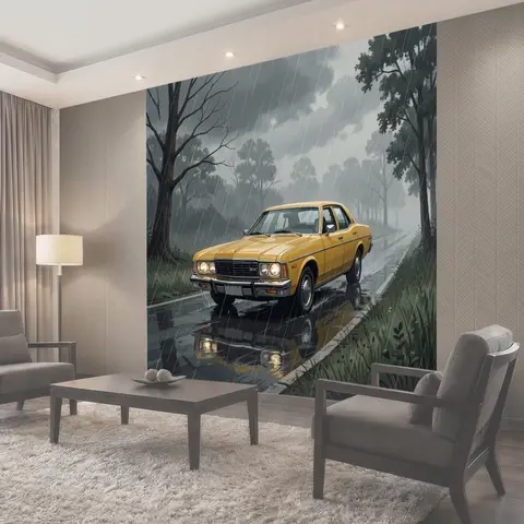 Фотообои Жёлтый автомобиль под дождём