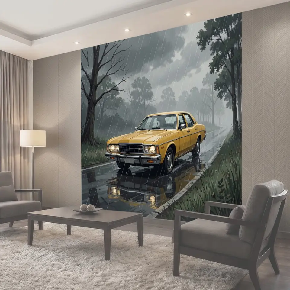 Фотообои Жёлтый автомобиль под дождём