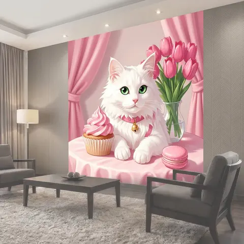 Фотообои Белая кошка с тюльпанами и десертами