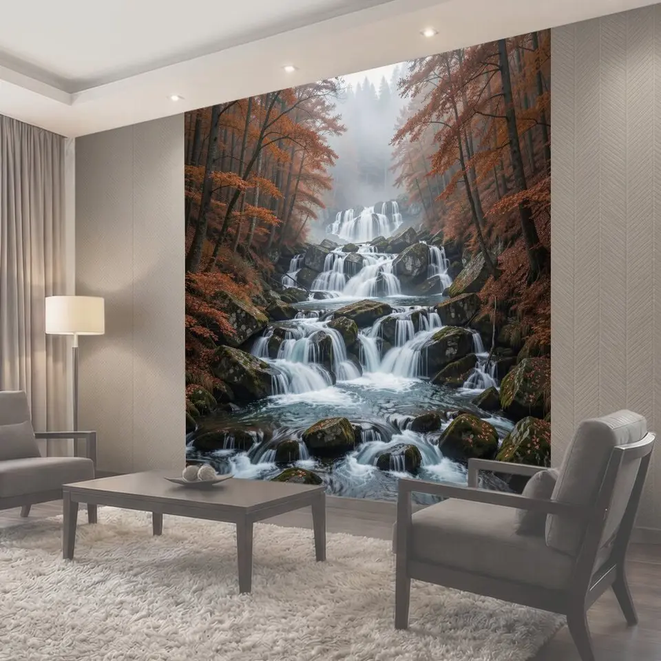 Фотообои Осенний лес с каскадом водопадов