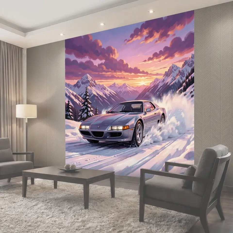 Фотообои Спортивный автомобиль в заснеженных горах