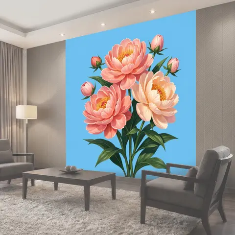 Фотообои Розовые пионы на голубом фоне