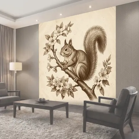 Фотообои Белка среди цветущих ветвей