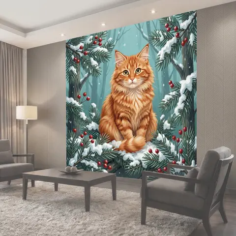 Фотообои Рыжий кот среди снежных елей