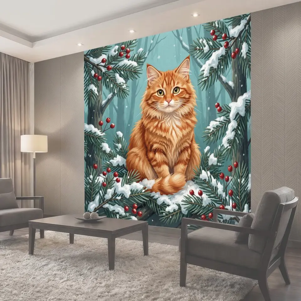 Фотообои Рыжий кот среди снежных елей