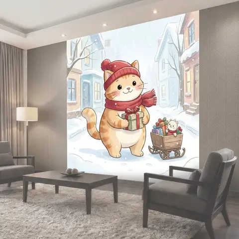 Фотообои Зимний кот с подарком