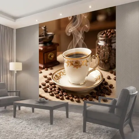 Фотообои Парящая чашка кофе с зернами