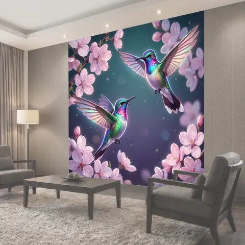 Фотообои Колибри среди цветущей сакуры