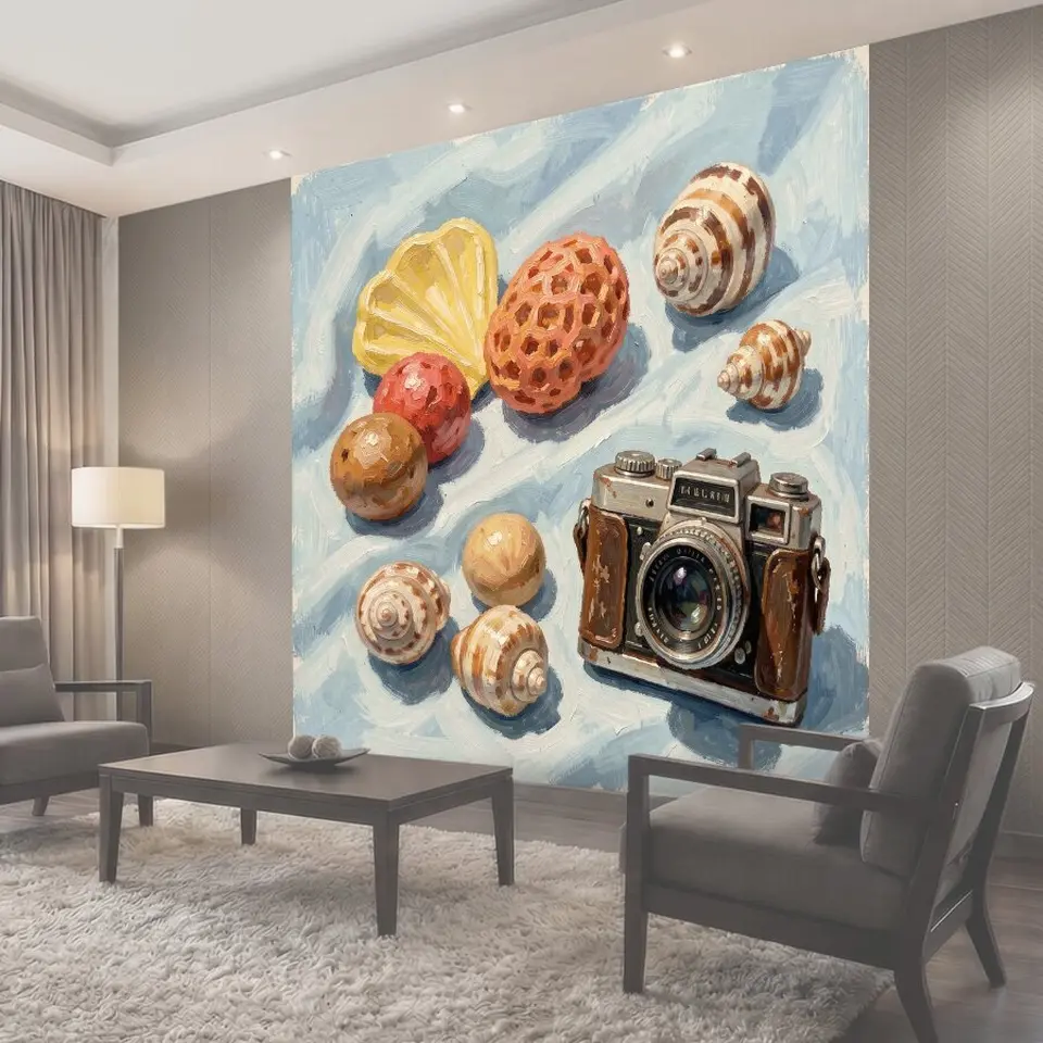 Фотообои Ракушки и винтажный фотоаппарат