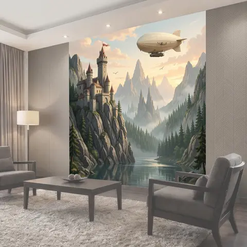 Фотообои Фэнтезийный замок и дирижабль
