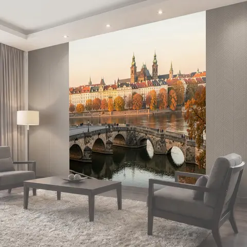 Фотообои Осенний город с каменным мостом