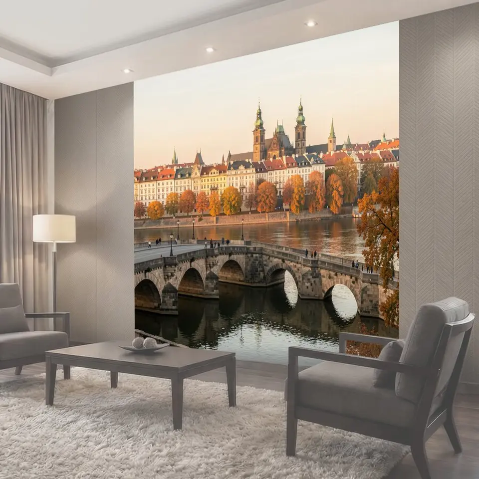 Фотообои Осенний город с каменным мостом