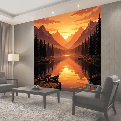 Фотообои Горное озеро на закате с лодками