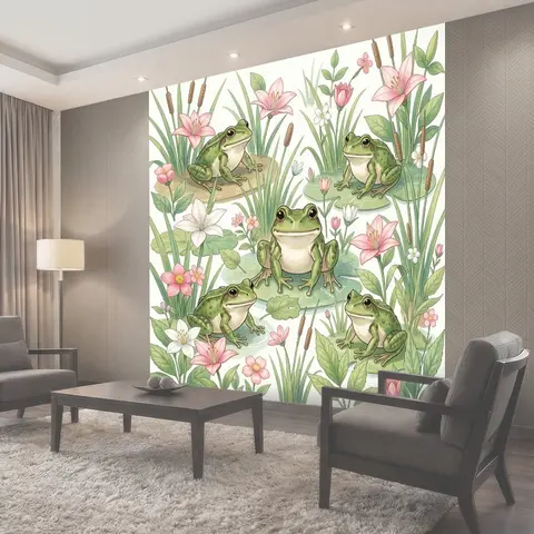 Фотообои Лягушки среди кувшинок и камышей